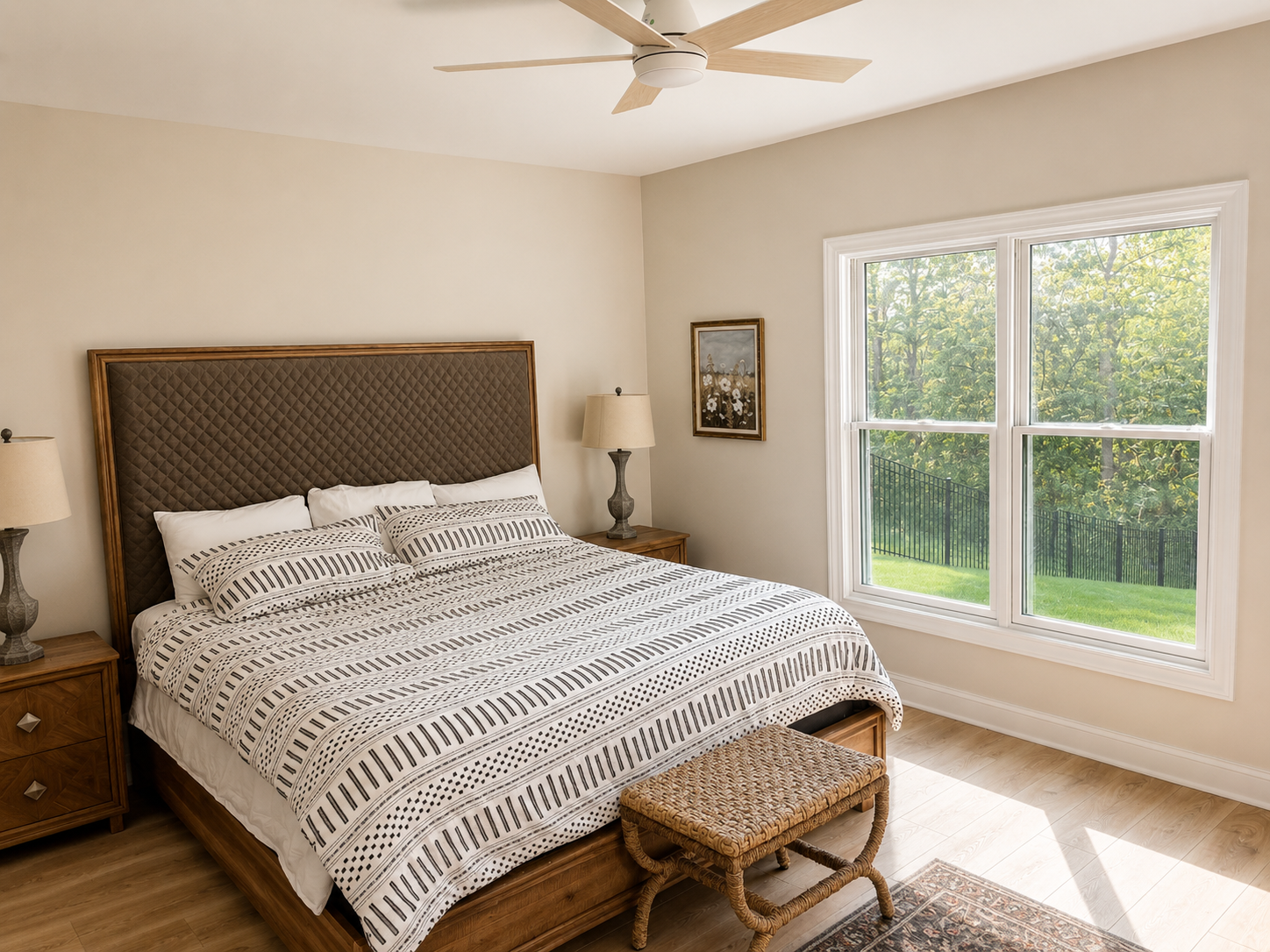 Basement Build Out — basement bedroom with egress windows, LVP flooring, upholstered headboard, and ceiling fan by Luxe Built Louisville KY