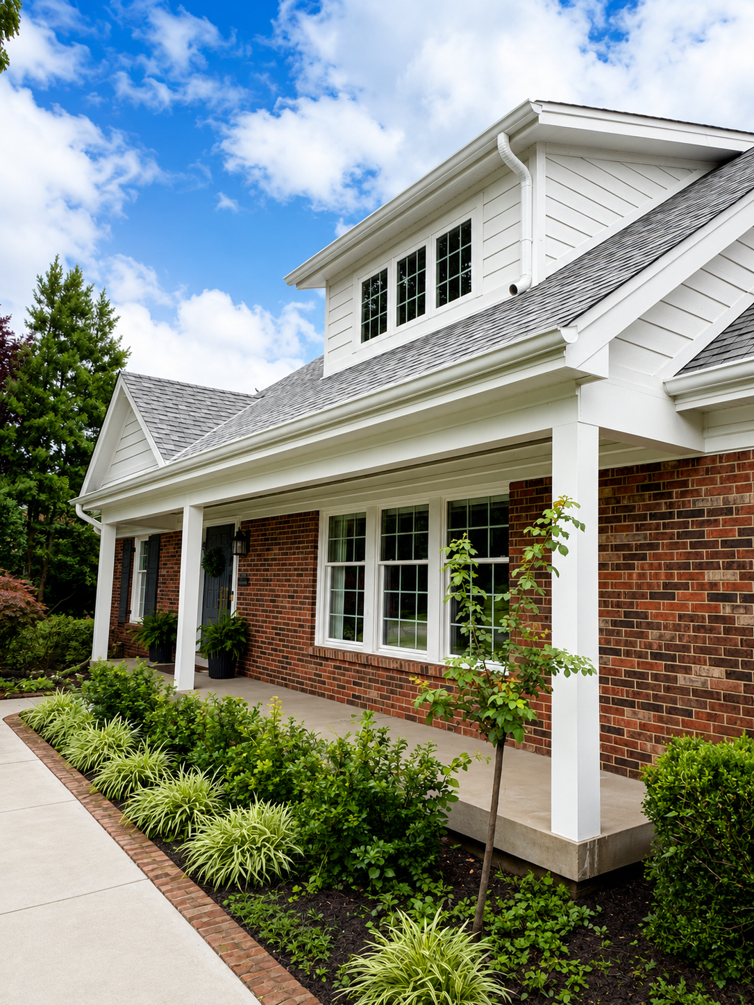 Charming Gable & Dormer Addition — brick exterior with white gable, dormer, and covered porch by Luxe Built Louisville KY