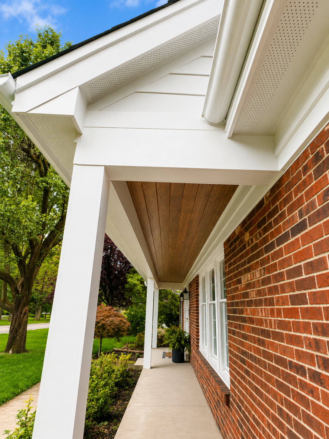 Charming Gable & Dormer Addition — porch soffit detail with white columns and wood ceiling by Luxe Built Louisville KY