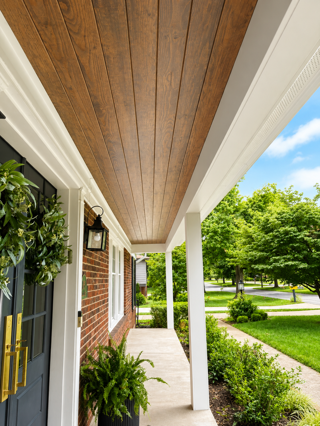Charming Gable & Dormer Addition — covered porch with wood ceiling, white columns, and black lantern lighting by Luxe Built Louisville KY