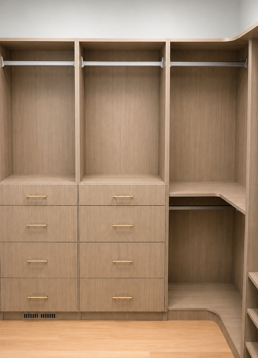 Elegant Bathroom — walk-in closet drawer towers with hanging rods by Luxe Built Louisville KY