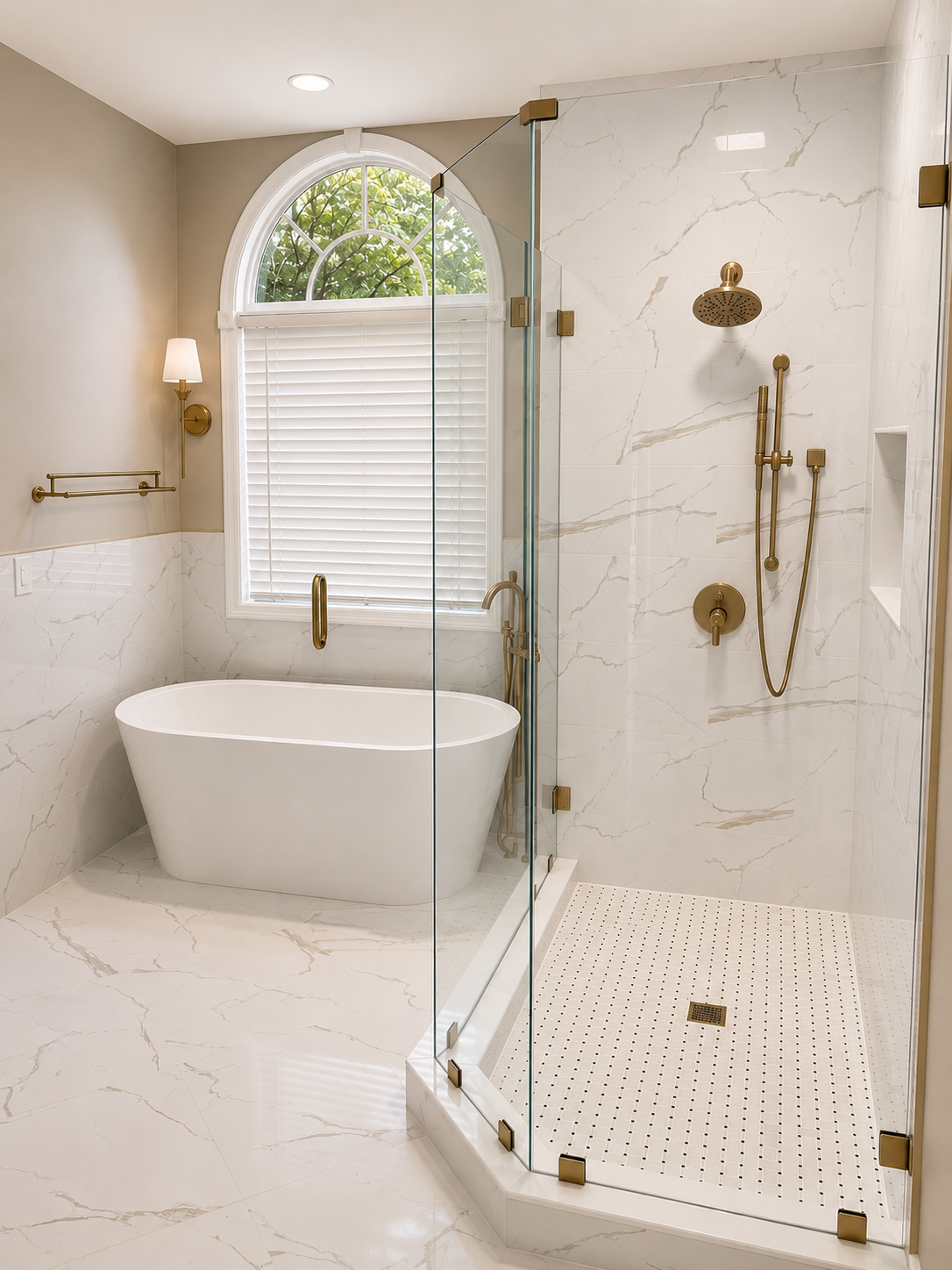 Elegant Bathroom — freestanding tub and glass shower side by side by Luxe Built Louisville KY