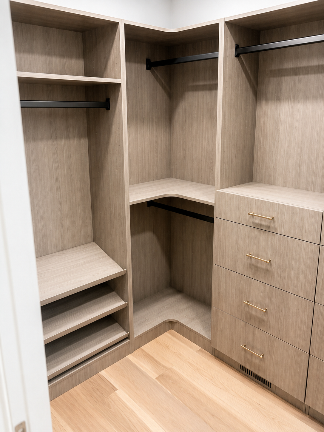 Elegant Bathroom — custom walk-in closet with wood cabinetry and brass hardware by Luxe Built Louisville KY