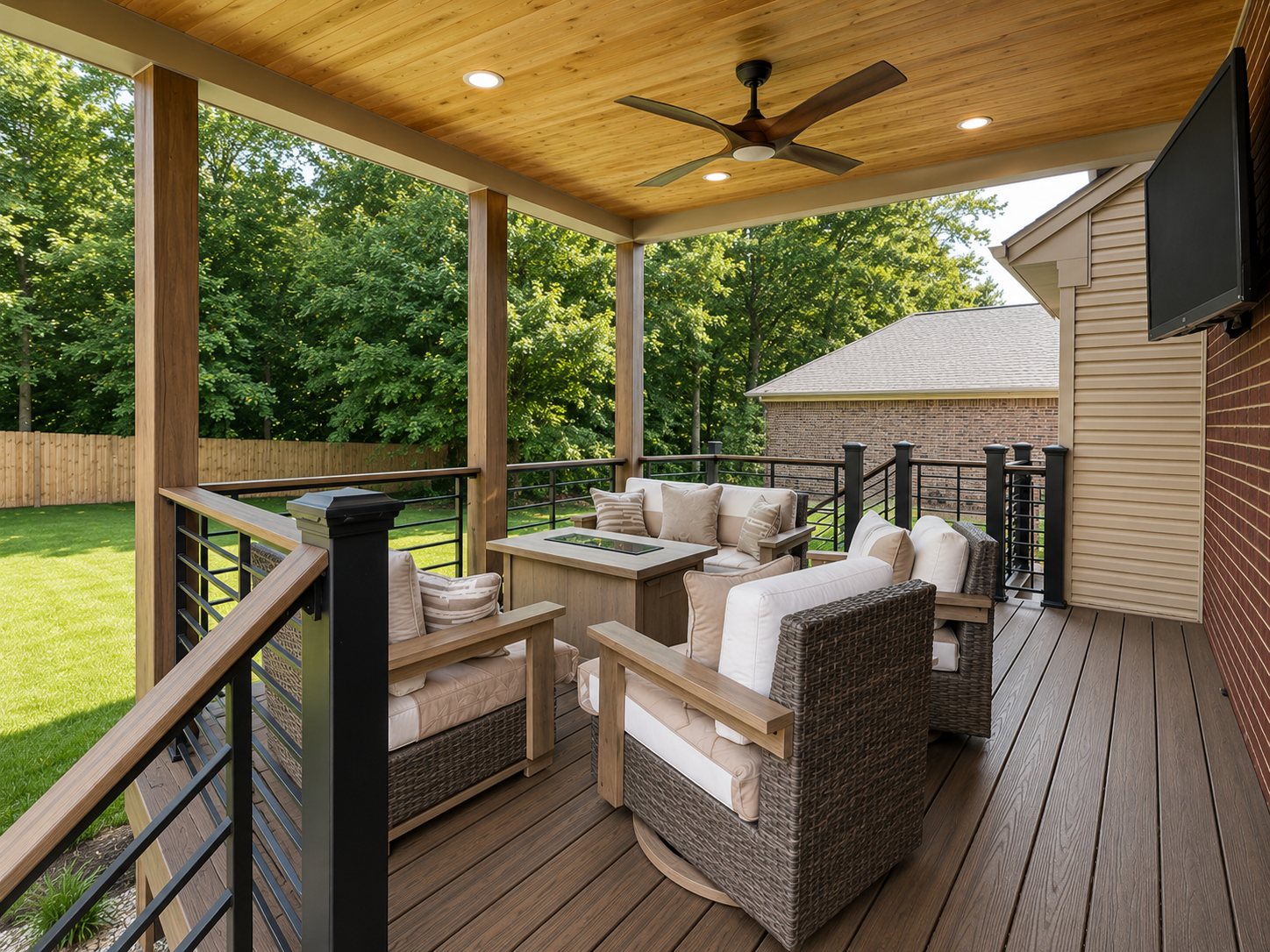 Maintenance Free Oasis Trex deck — full view with composite decking, cable railing, and outdoor seating by Luxe Built Pewee Valley KY
