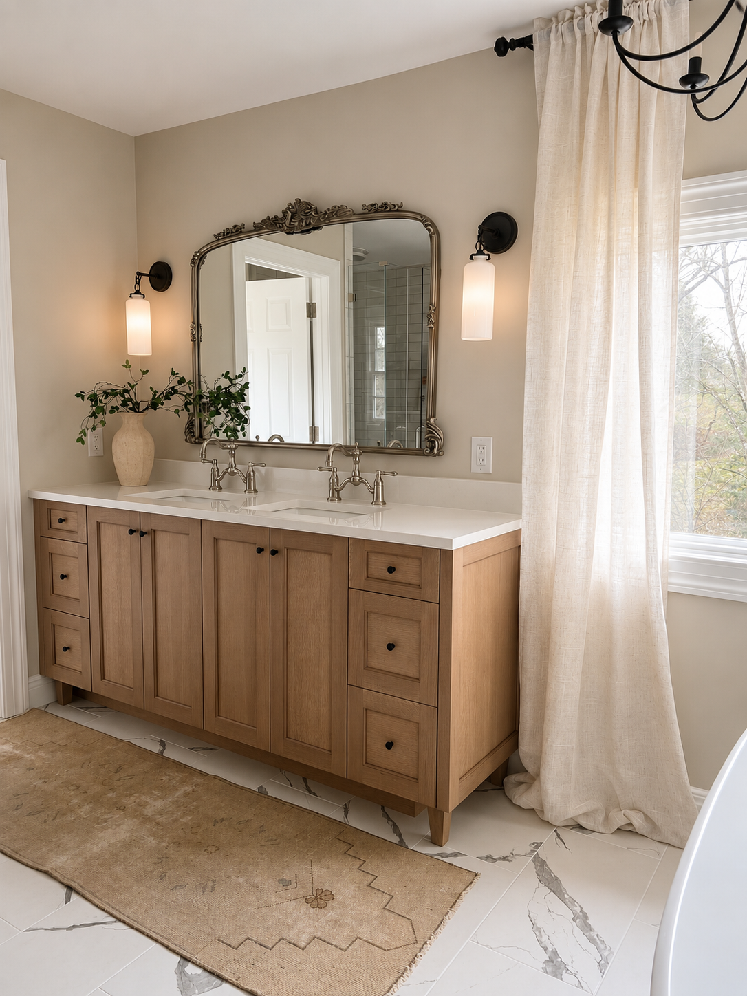 Rolling Hills bathroom — custom double vanity with white oak cabinetry and ornate gold mirror