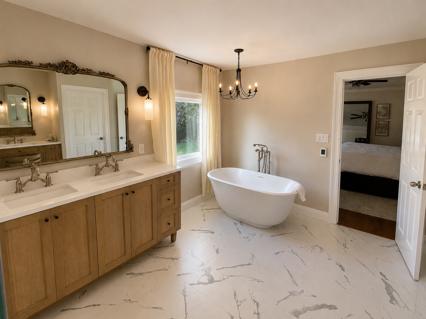 Rolling Hills bathroom — double vanity with quartz countertop and freestanding soaking tub by Luxe Built