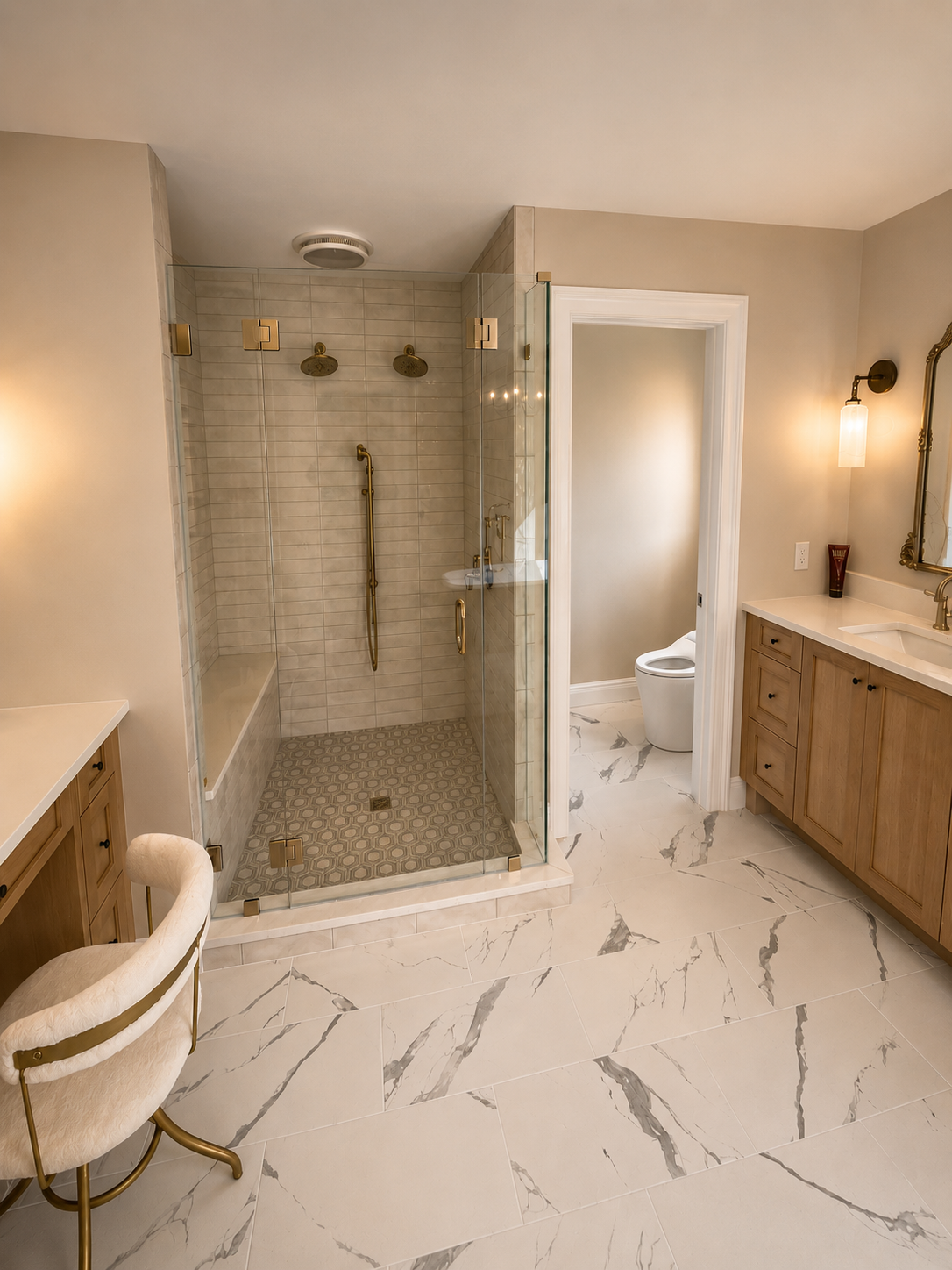 Rolling Hills bathroom — frameless glass shower with hexagon tile floor and dual rain heads by Luxe Built