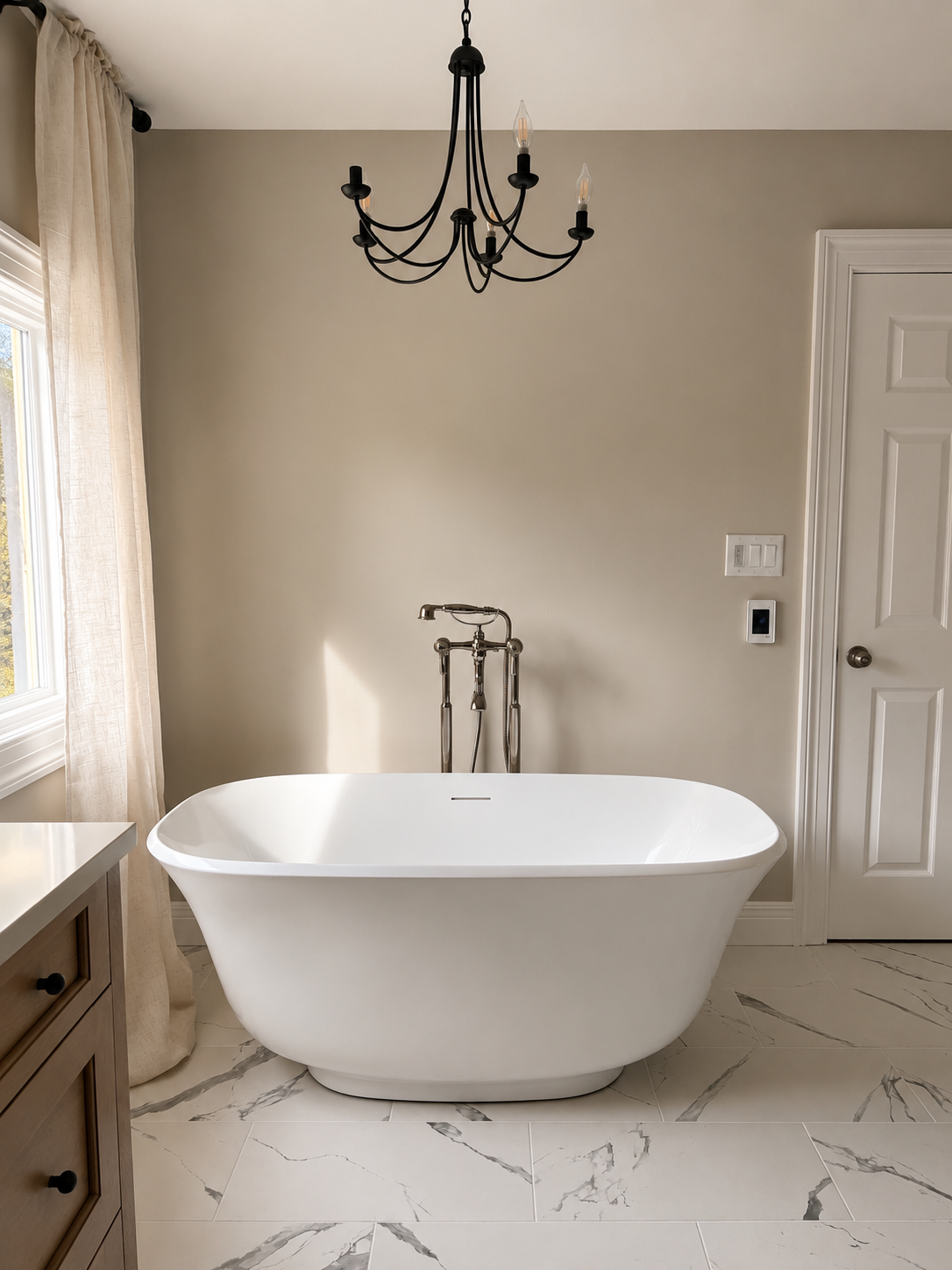 Rolling Hills bathroom — freestanding soaking tub with floor-mount faucet and chandelier by Luxe Built