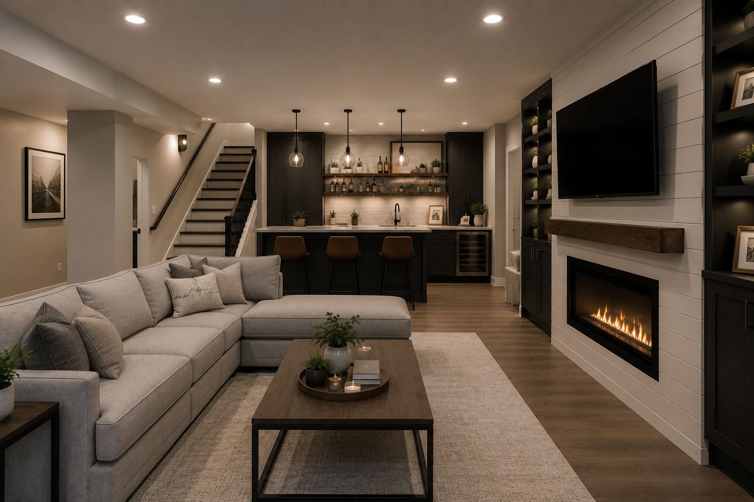 Basement remodel by Luxe Built Louisville KY — golf simulator and wet bar