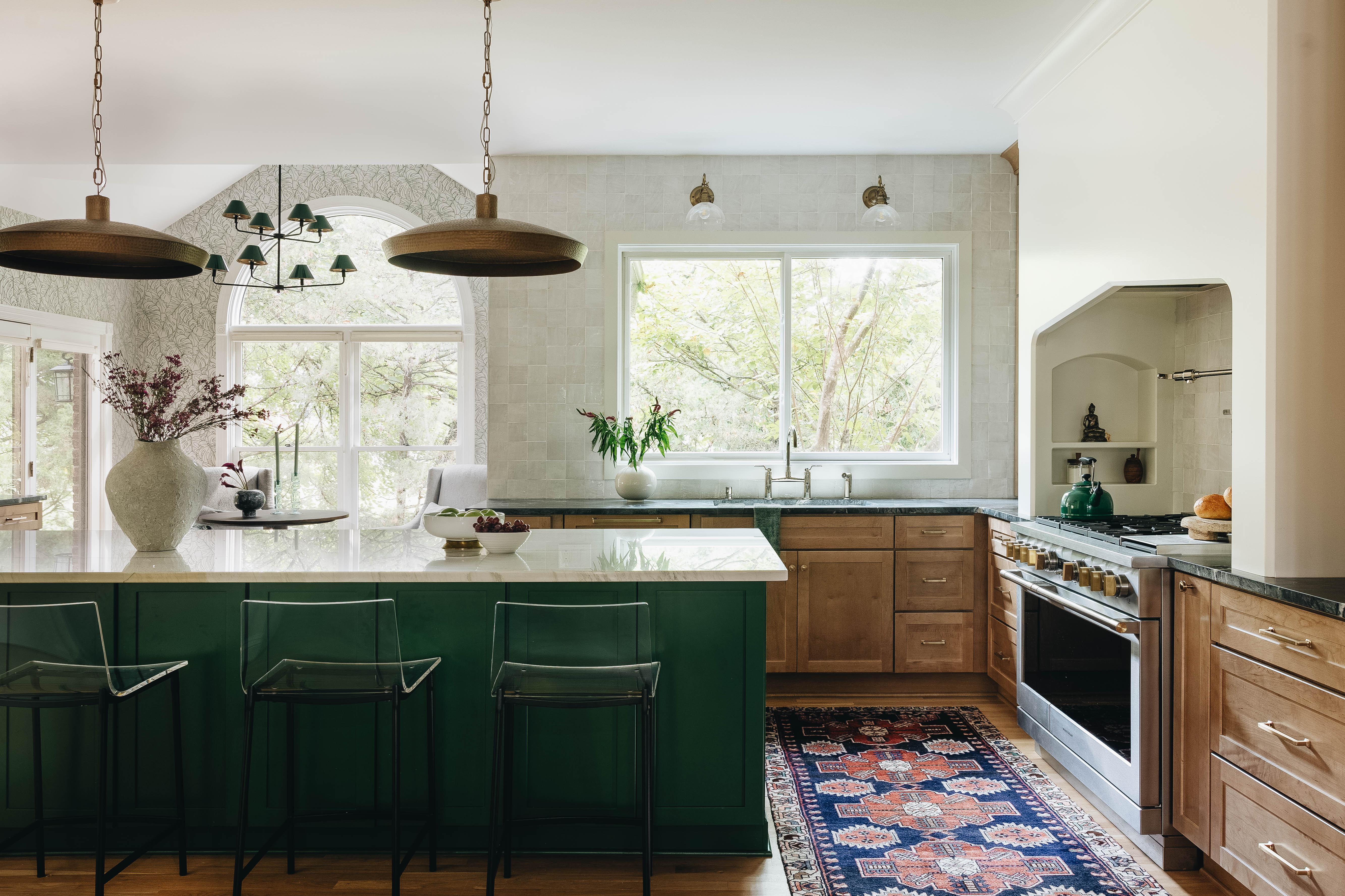 Seneca Gardens kitchen remodel — custom maple cabinetry, forest green island, and zellige tile backsplash by Luxe Built Louisville KY